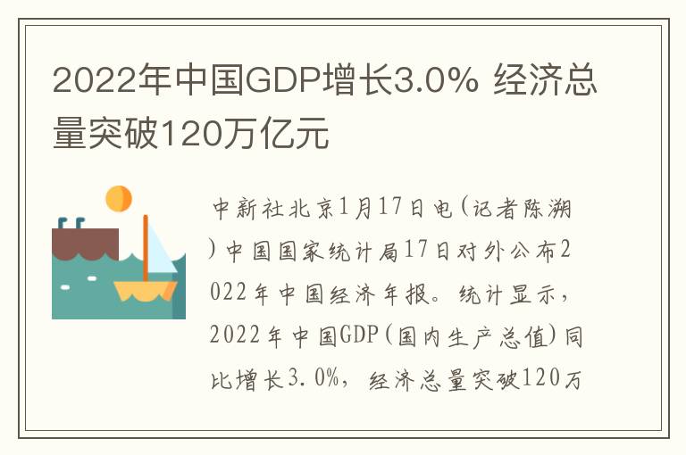 2022年中国GDP增长3.0% 经济总量突破120万亿元